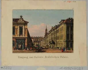 Das Palais Brühl in Dresden (1753 gebaut), Blick in die Augustusstraße nach Westen, rechts der Stallhof, Bildmitte die Katholische Hofkirche