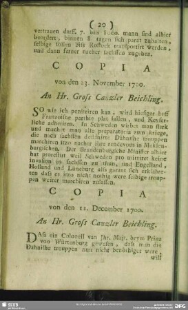 Copia von den 3. November 1700