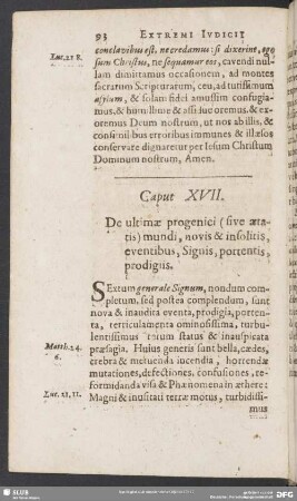 Caput XVII. De ultimae progenici (sive aetatis ) mundi , novis & insolitis, eventibus , Signis , portentis , prodigiis