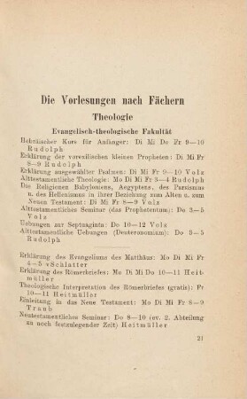 21-39, Die Vorlesungen nach Fächern