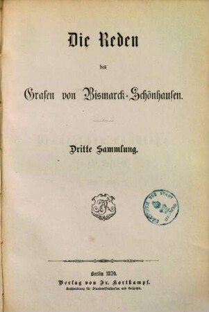 Die Reden des Grafen von Bismarck-Schönhausen, 3. Reden 1869-1870