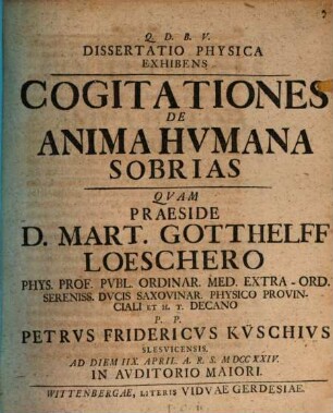 Diss. phys. exhibens cogitationes de anima humana sobrias