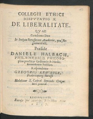Collegii Ethici Disputatio X. De Liberalitate