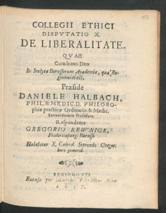 Collegii Ethici Disputatio X. De Liberalitate
