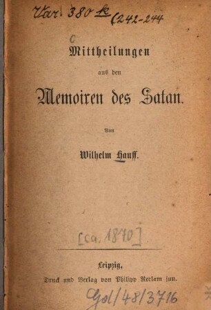 Mittheilungen aus den Memoiren des Satan : von Wilhelm Hauff