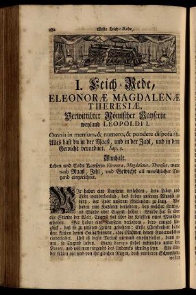 I. Leich-Rede, Eleonoræ Magdalenæ Theresiæ... - II. Leich-Rede, Caroli VI. Römischen Kaysers...
