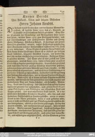 Kurtzer Bericht Von Ankunft, Leben und seligem Absterben Herrn Johann Arndts.