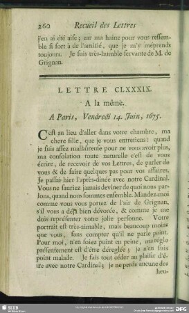 Lettre CLXXXIX. A la même. A Paris, Vendredi 14. Juin, 1675