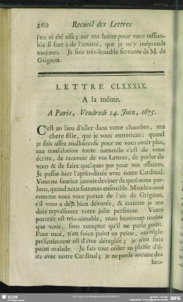 Lettre CLXXXIX. A la même. A Paris, Vendredi 14. Juin, 1675