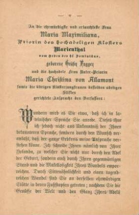 An die ehrwürdige und erlauchteste Frau Maria Maximiliana, Priorin des hochadeligen Klosters Marienthal vom Orden des hl. Dominikus, geborene Gräfin Fugger und die hochedele Frau Unter-Priorin Maria Christina von Allamont ...