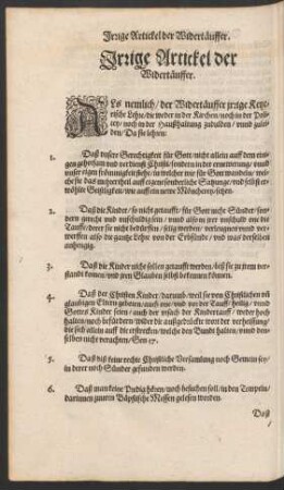 Irrige Artickel der Widertäuffer.