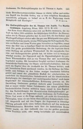 141-142 [Rezension] Grabmann, Martin, Die Kulturphilosophie des hl. Thomas von Aquin