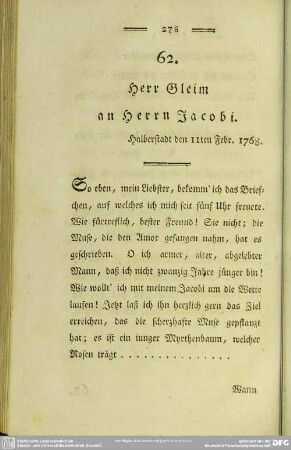 62. Herr Gleim an Herrn Jacobi. Halberstadt den 11ten Febr. 1768