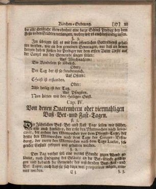 Cap. IV. Von denen Quatembern oder viermahligen Buß- Bet- und Fast-Tagen.