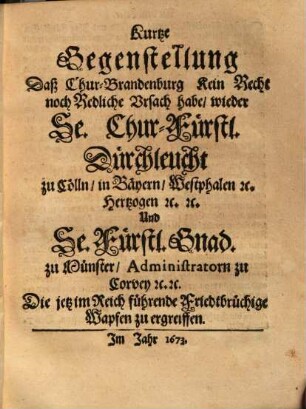 Widerlegung des wieder Chur-Cölln und Münster außgangenen Chur-Brandenburgischen Manifests