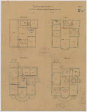 Thiersch, August ; München, Leopoldstr. 19; Wohnhaus Rau - Grundriss Souterrain, Grundriss EG, Grundriss 1. OG, Grundriss DG