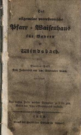 Das Allgemeine Protestantische Pfarr-Waisenhaus für Bayern in Windsbach. 4. 1838