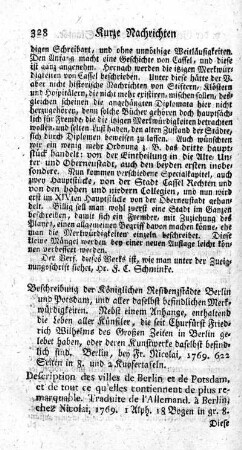 Beschreibung der Königlichen Residenzstädte Berlin und Potsdam, und aller daselbst befindlichen Merkwürdigkeiten.