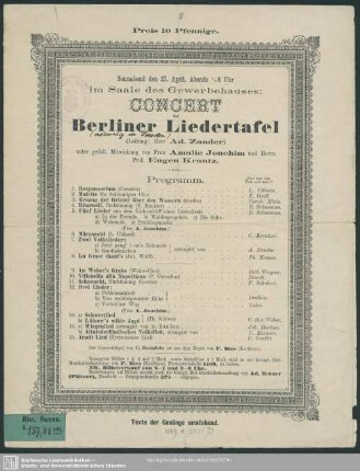Concert der Berliner Liedertafel : Sonnabend den 27. April im Saale des Gewerbehauses; Programm