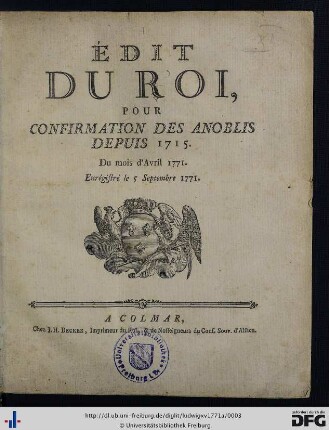 Édit Du Roi, Pour Confirmation Des Anoblis Dépuis 1715 : Du mois d'Avril 1771. Enrégistré le 5 Septembre 1771
