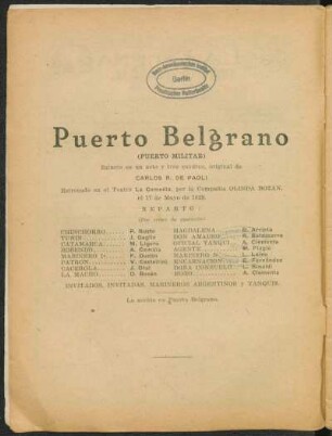 Puerto Belgrano : (puerto militar) ; sainete en un acto y tres cuadros