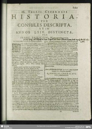 M. Tullii Ciceronis Historia, Per Consules Descripta, Et In Annos LXIV. Distincta, Per Franc. Fabricium Marcoduranum