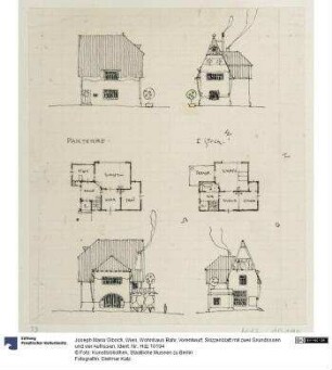 Wien, Wohnhaus Bahr, Vorentwurf, Skizzenblatt mit zwei Grundrissen und vier Aufrissen