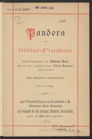 Pandora oder Götter-Funken : Ballet-Pantomime von Wilhelm Hock