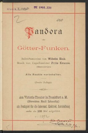 Pandora oder Götter-Funken : Ballet-Pantomime von Wilhelm Hock