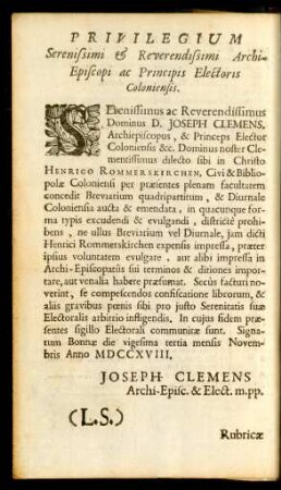Privilegium Serenissimi & Reverendissimi Archi-Eposcopi ac Principis Electoris Coloniensis