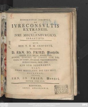 Dissertatio Ivridica, De Ivreconsvltis Extraneis, In Ivre Mecklenbvrgico, Errantibvs