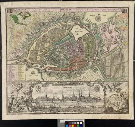 Hamburgum, celeberrima libera Imperii et Hanseatica civitas ac opulentissimum Emporium, circa Ostium Albis ad Mare Septentr.