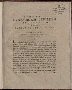 Summatio quarumdam serierum singularium : Exhibita societati d. XXIV. August 1808
