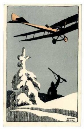 Postkarten mit Flieger-Karikaturen: (Flugzeug über der Frontlinie im Winter) (mit Zensurvermerk 27.12.1917 Nr. 3720e)