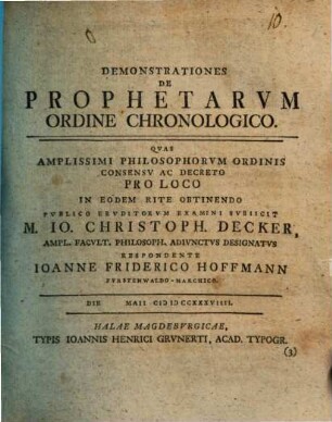 Demonstrationes De Prophetarvm Ordine Chronologico