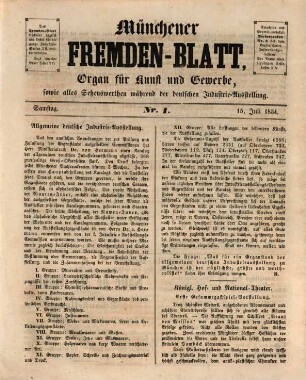 Münchener Fremden-Blatt : Organ für Kunst und Gewerbe, so wie alles Sehens werthen während der deutschen Jadestein-Ausstellung. 1854, 10. Juli - 14. Okt.