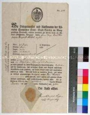 Reisepass der Stadt Görlitz für den Karl August Rudolph Flößel für eine Vergnügungsreise in die Sächsische Schweiz und nach Dresden