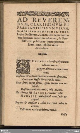 Ad Reverendum, Clarissimum Et Praestantissimum Virum, D. Aegidium Hunnium …