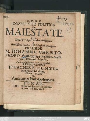 Dissertatio Politica De Maiestate