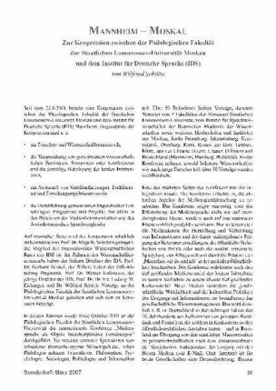Mannheim - Moskau : zur Kooperation zwischen der Philologischen Fakultät der Staatlichen Lomonossov-Universität Moskau und dem Institut für Deutsche Sprache (IDS)