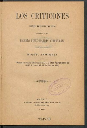 Los criticones : zarzuela en un acto y en verso, original de Eduardo Pérez-Alarcón y Rodríguez