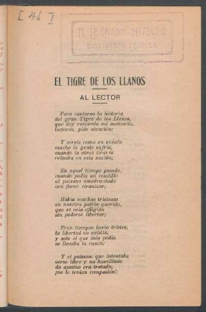 El Tigre de los Llanos : Al lector