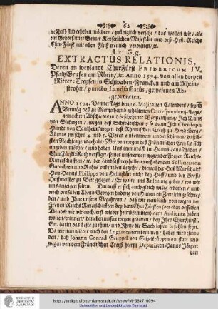 Lit: G.g. EXTRACTUS RELATIONIS, Deren an weylandt ChurFürst FRIDERICUM IV, PfaltzGrafen am Rhein/ ...