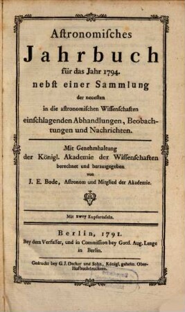 Astronomisches Jahrbuch. 1794 (1791)