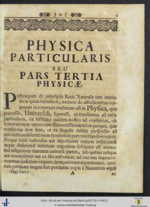 Physica Particularis seu Pars Tertia Physicae.