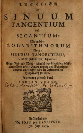 Tabellen der Sinuum, Tangentium, ...