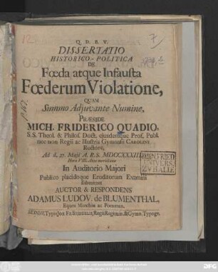 Dissertatio Historico-Politica De Fœda Atque Infausta Fœderum Violatione