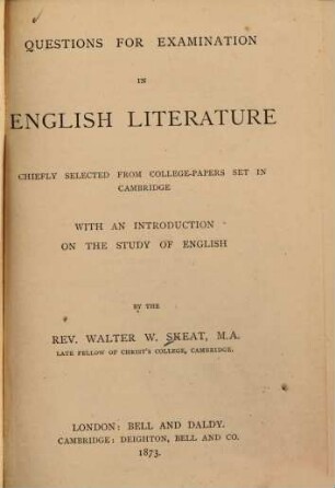 Questions for examination in English literature : chiefly selected from college-papers set in Cambridge