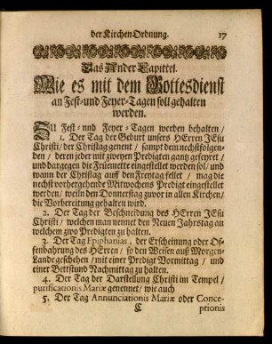 Das Ander Capittel. Wie es mit dem Gottesdienst an Fest- und Feyer-Tagen soll gehalten werden