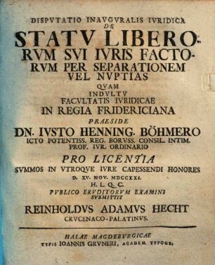Dispvtatio Inavgvralis Ivridica De Statv Liberorvm Svi Ivris Factorvm Per Separationem Vel Nvptias
